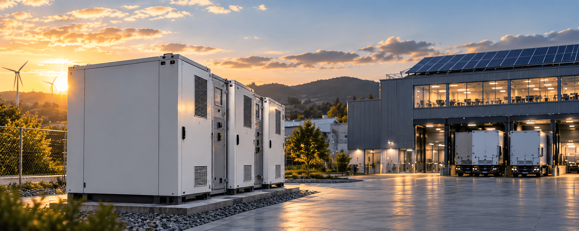 Stromspeicher auf einem modernen Industrie- und Gewerbegelände mit Photovoltaikanlage und Windkraftanlagen im Hintergrund.