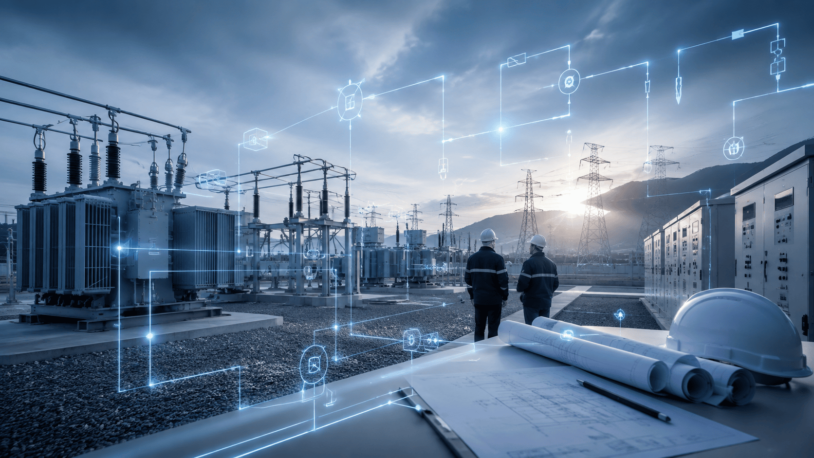 Umspannwerk mit Transformatoren und Schaltanlagen, überlagert von einem digitalen Single Line Diagramm zur Planung elektrischer Anlagen.